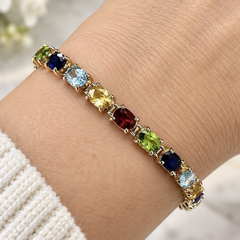 925 Sterling Silver Gold Tone Multicolor Glass Tennis Bracelet Size 7.5" 9.83g